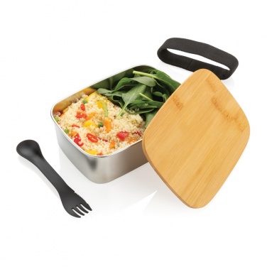 Logo trade corporate gifts image of: Stainless steel lunchbox with bamboo lid and spork