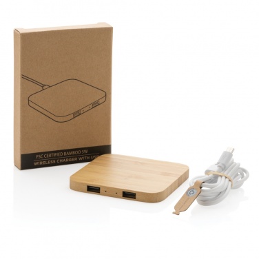Logo trade promotional giveaway photo of: Bamboo 5W wireless charger with USB
