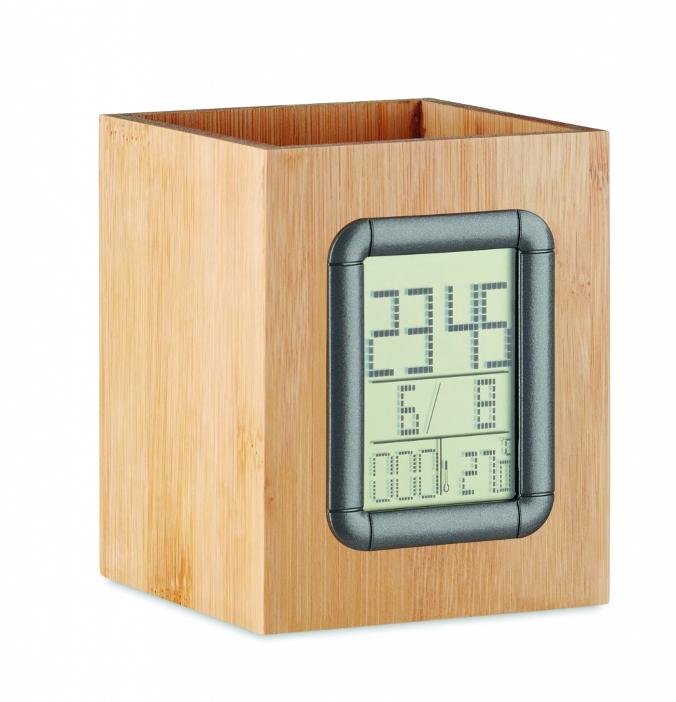 Logo trade advertising product photo of: Bamboo pen holder and LCD clock