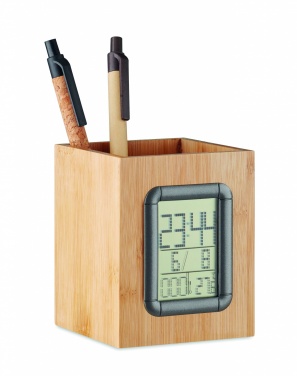 Logo trade business gifts image of: Bamboo pen holder and LCD clock