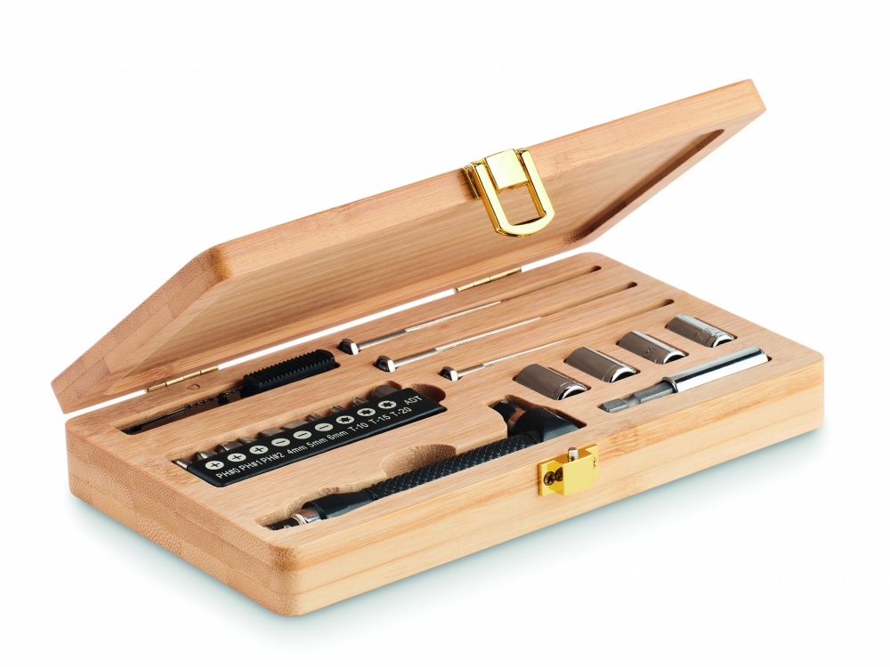Logo trade promotional giveaway photo of: 21 pcs tool set in bamboo case