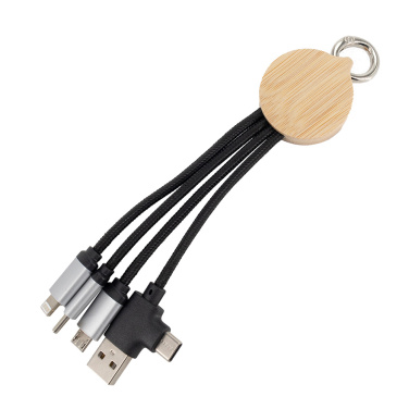 Logo trade advertising products image of: 4-in-1 cable with elighted logo in a wooden casing, LH-ZMU05