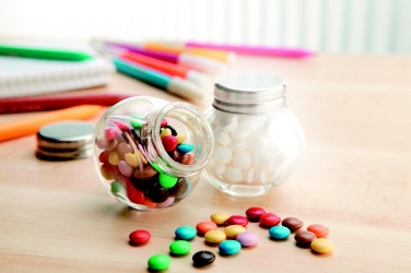 Logotrade mainoslahja tuotekuva: Suklaapastilleja lasipurkissa